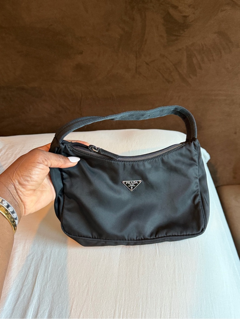 Prada Black Nylon Shoulder Bag with Logo Plaque